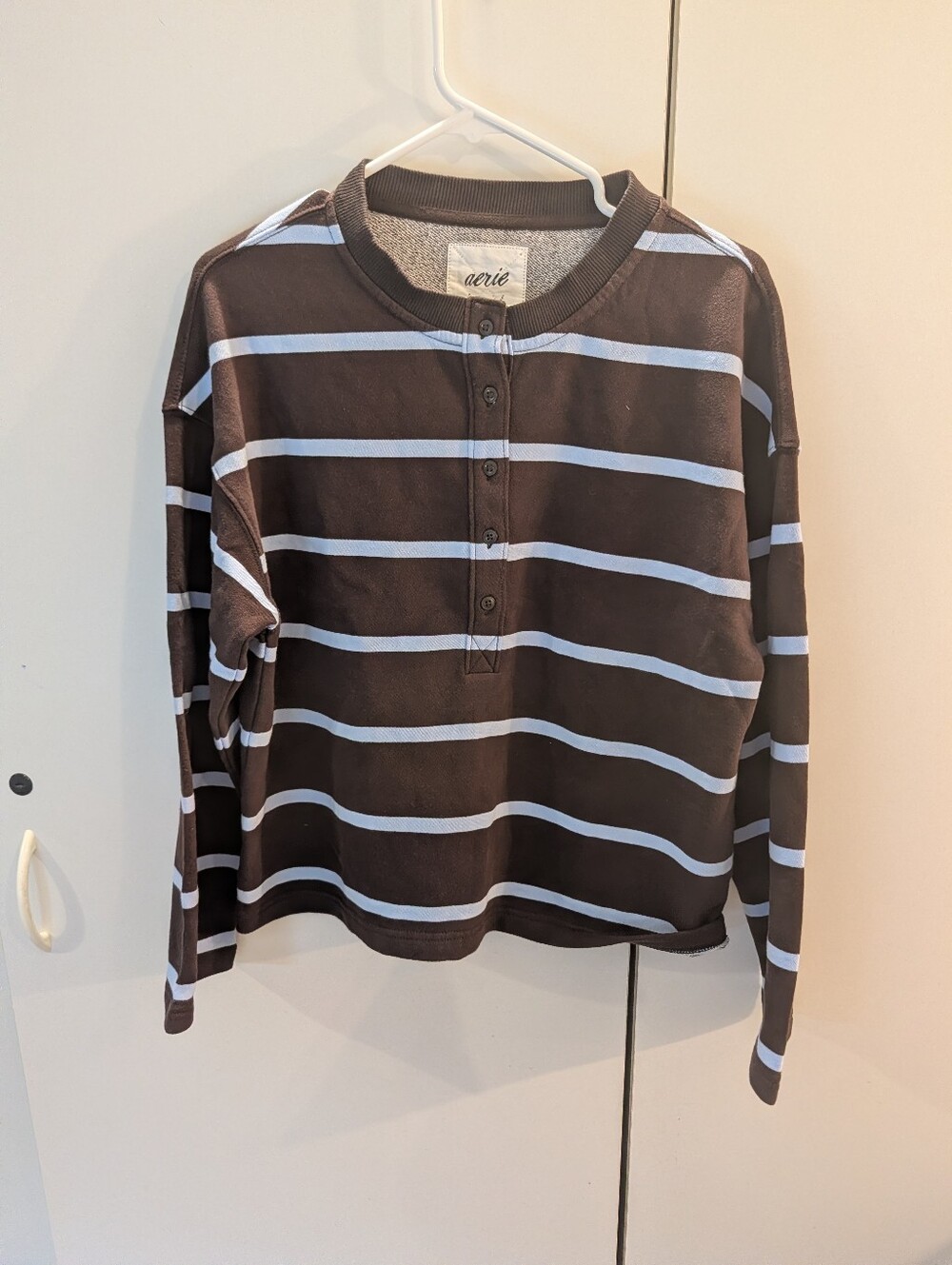 Aerie Brown/Light Blue Striped Henley Long-Sleeve Sweatshirt Woman's Small NWT